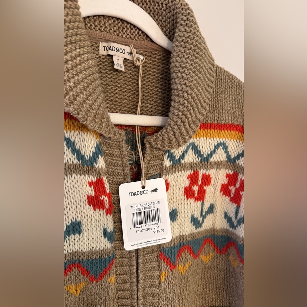 Toad&Co Brown Fair Isle Zip-Front Wool Sweater Jacket with Red & Teal Accents - Picture 4 of 6